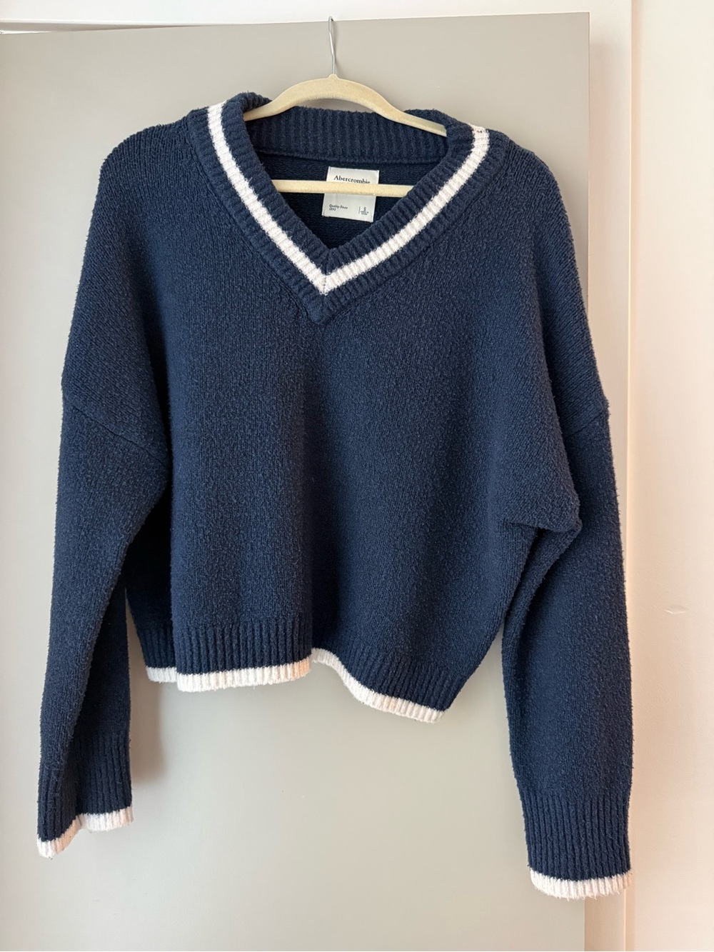 Abercrombie & Fitch Navy V-Neck Sweater with White Stripe Trim